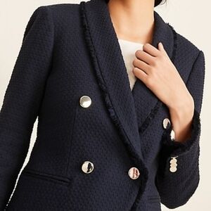 Ann Taylor Double Breasted Tweed Jacket Blazer Navy Blue Gold Size 10